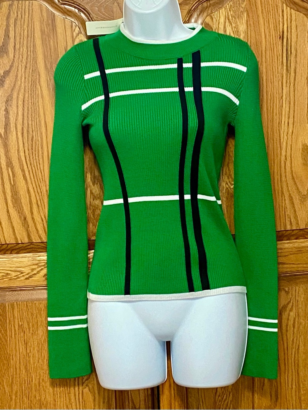 Maeve Anthropologie Merida Striped Sweater XS Green Ribbed Mock Neck Knit NWT
